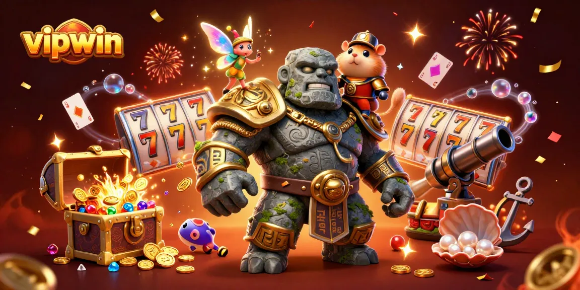 Experience the vibrant world of vipwin with a magical illustration of lively casino elements.