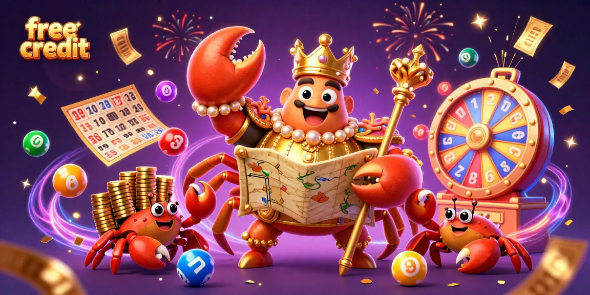 Experience free credit bonuses with a vibrant 3D crab emperor and dynamic casino elements.