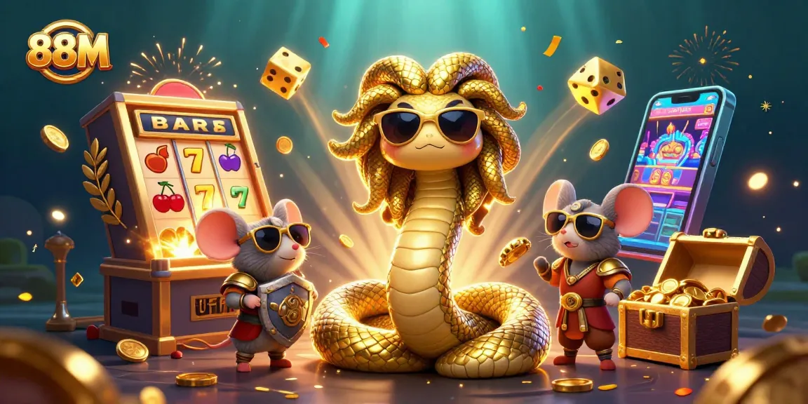 Engage with 88M's vibrant casino world featuring characters, jackpot slots, and festive elements.