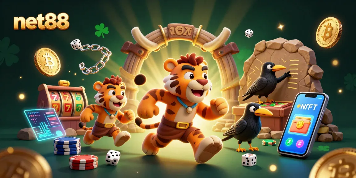 Experience net88's vibrant prehistoric casino with caveman duo and crypto elements in this colorful illustration.