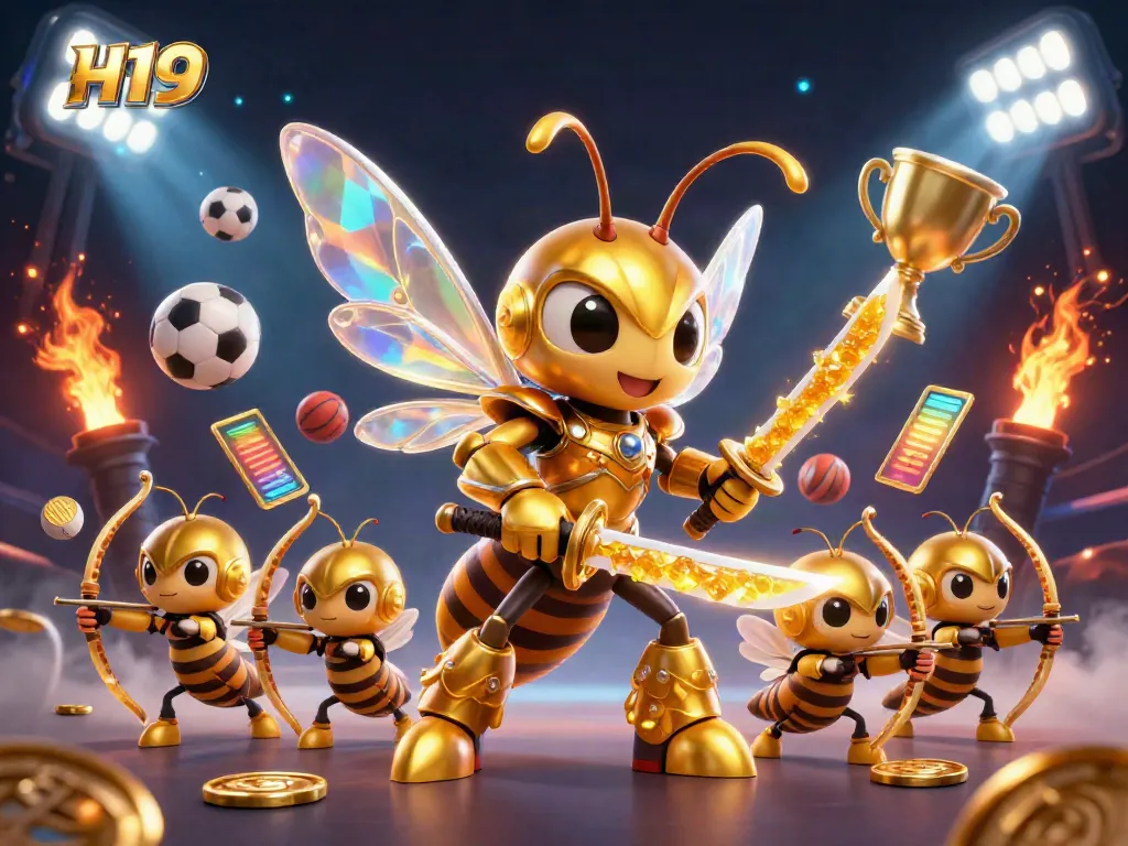 Experience thrilling gameplay with H19 as a dynamic golden hornet warrior leads the bee archers in a vibrant casino scene.