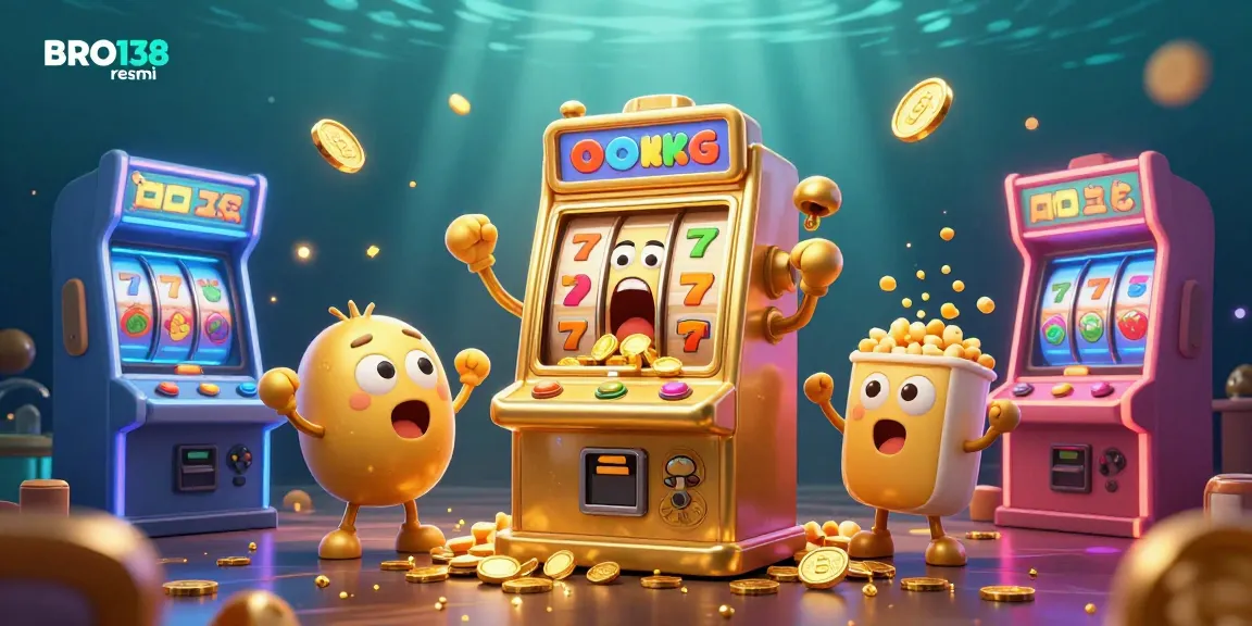 BRO138 resmi slot machines celebrating a jackpot, surrounded by colorful game elements and golden coins.
