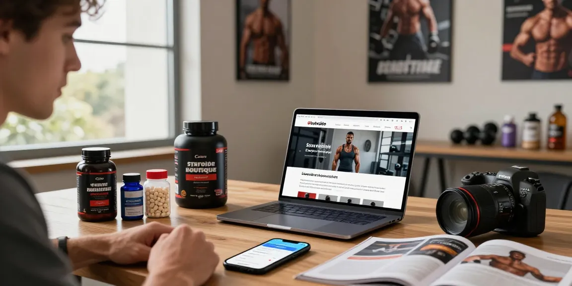 Steroide Boutique online shopping scene with fitness products and a laptop.