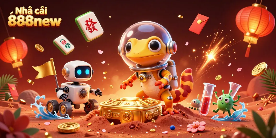 Engage in thrilling gaming at Nhà cái 888new, featuring a vibrant casino scene with dynamic characters and decorations.