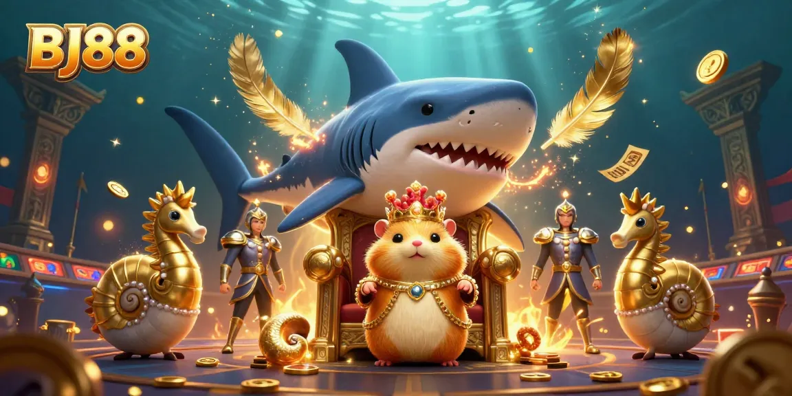 BJ88 casino scene featuring a golden hamster king, betting elements, and vibrant underwater backdrop.