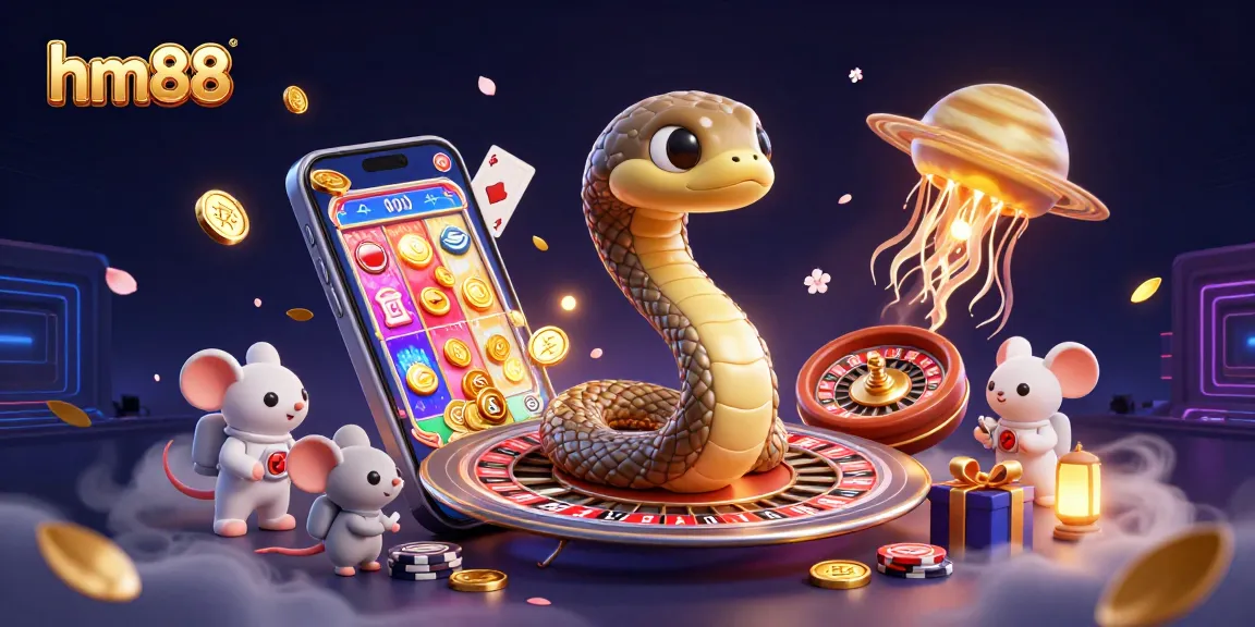 Play and win with hm88 in this vibrant 3D casino universe featuring cosmic characters and exciting games.