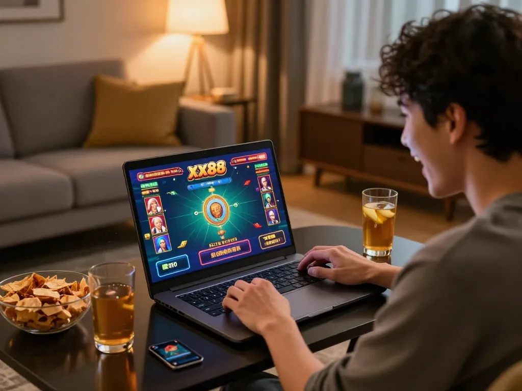 Engaging gameplay on xx88 online casino platform in a cozy home setting with snacks and warm lighting.