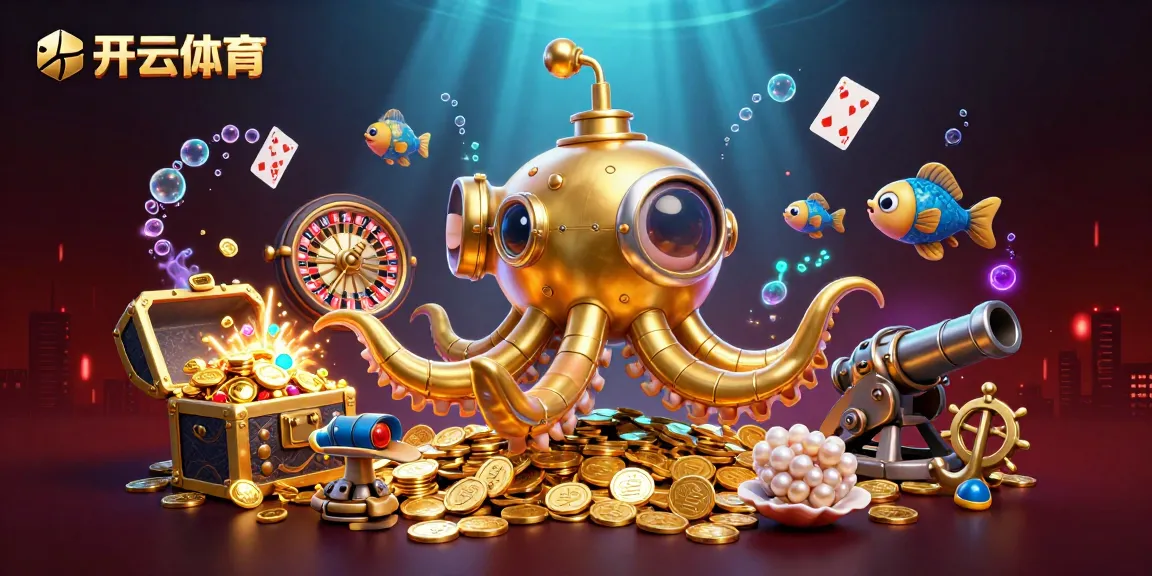 Play exciting games on 开云体育 with our dynamic golden kraken and mechanical fish in a vibrant casino scene.