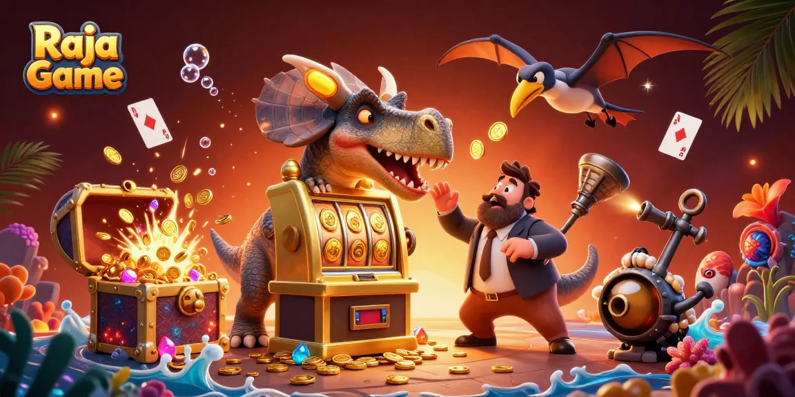 Engage in exciting gameplay on Raja Game with a 3D illustration showcasing jackpot wins and vibrant casino elements.