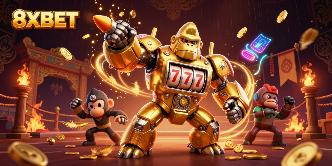 Engage with thrilling games at 8XBET featuring a dynamic 3D gorilla mech powered by slot machine parts.