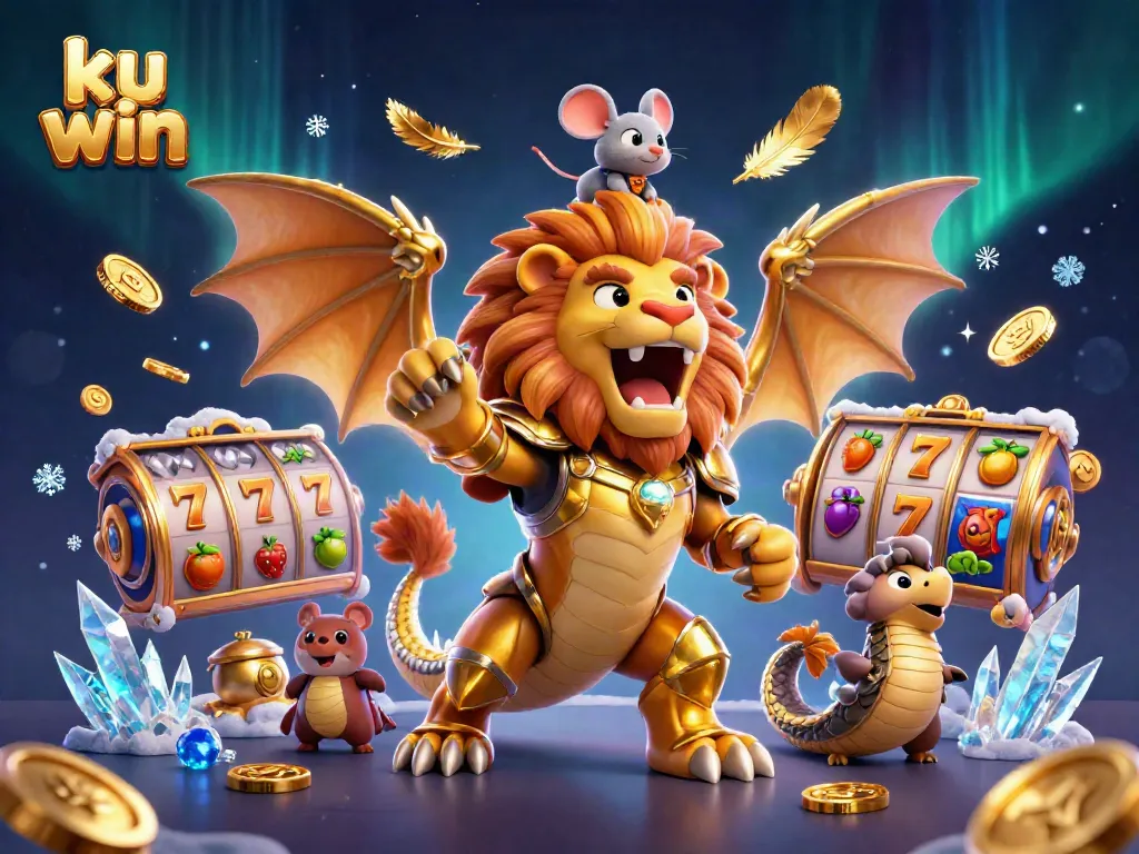 Experience the thrill of ku win in this ultra-detailed 3D slots-themed illustration featuring a chimera and vibrant game symbols.