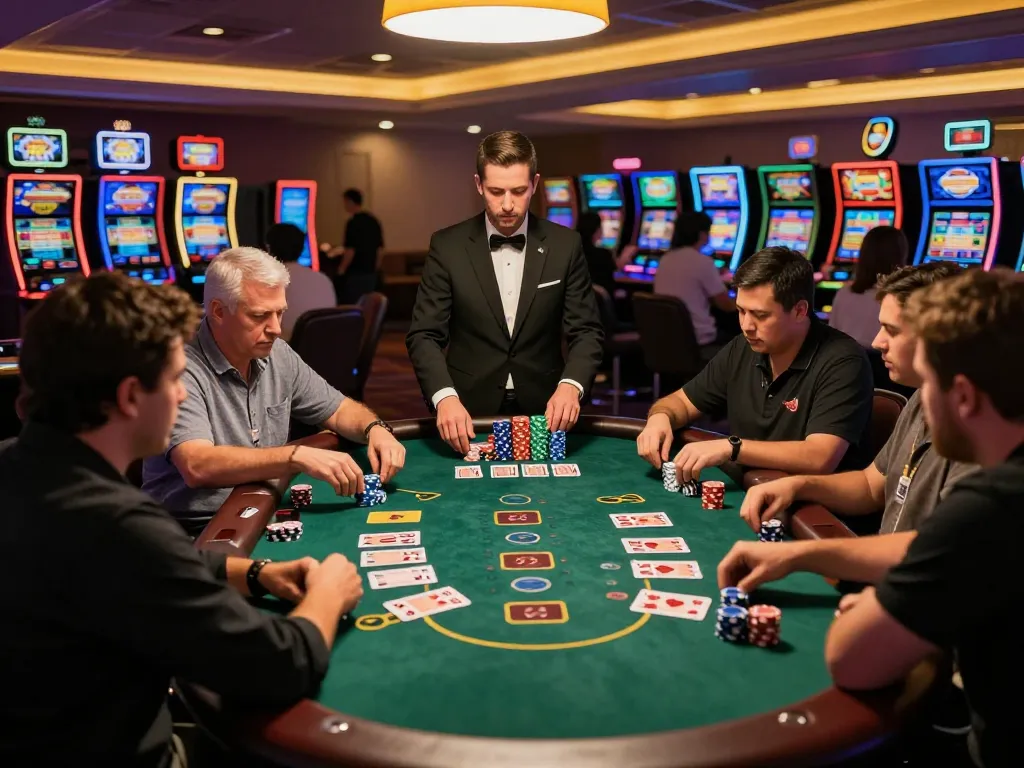Players strategizing at 11win blackjack table amidst vibrant casino energy.