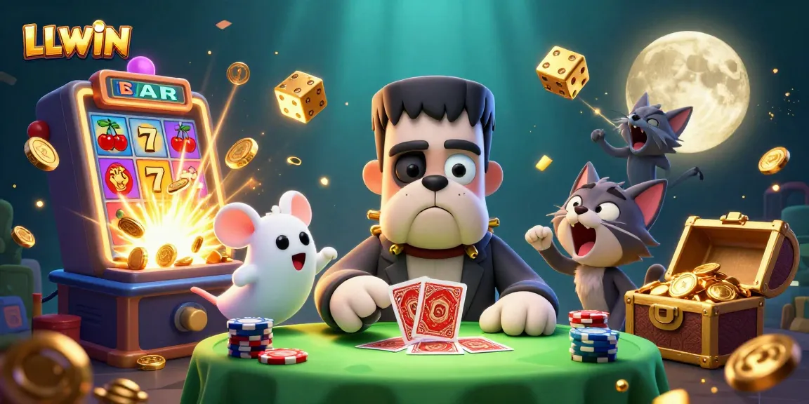 LLWIN showcases an engaging casino experience with a cartoon bulldog dealer amidst a jackpot explosion.