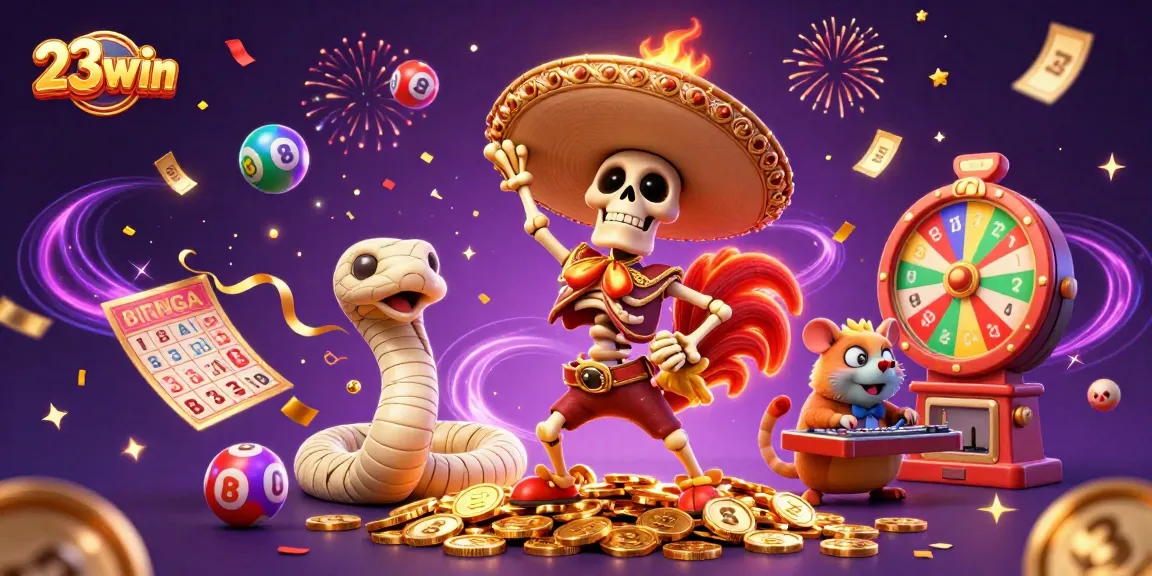 Experience fun with 23win's vibrant games as a skeleton rooster dances on gold coins celebrating wins.