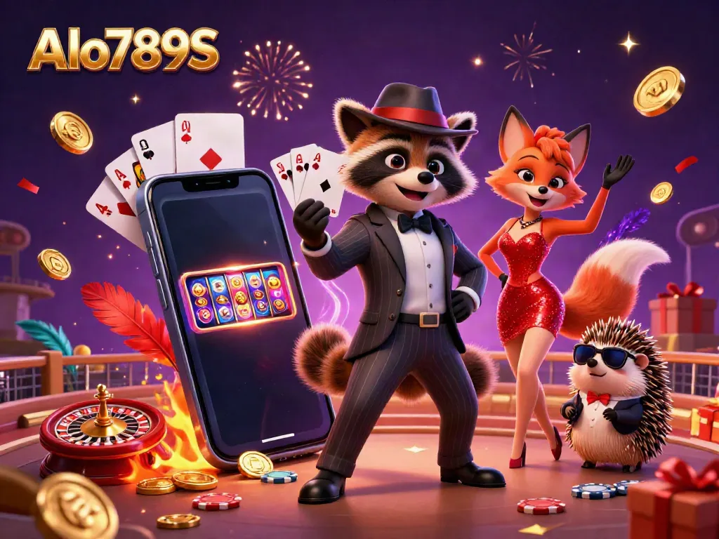 Watch Alo789S characters in a vibrant cockfighting celebration, showcasing royal flush in a dynamic casino scene.