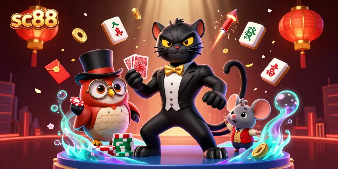 sc88 showcases a stylish black panther dealer with owl and mouse at a vibrant casino scene.