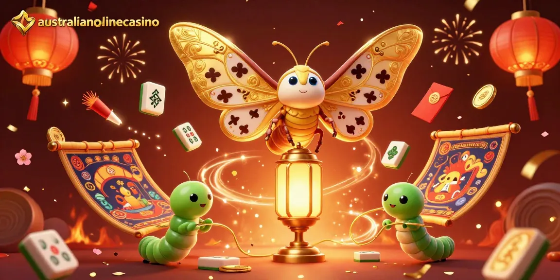 Experience ultimate gameplay thrills at australianonlinecasino with vibrant golden moth and festive elements.