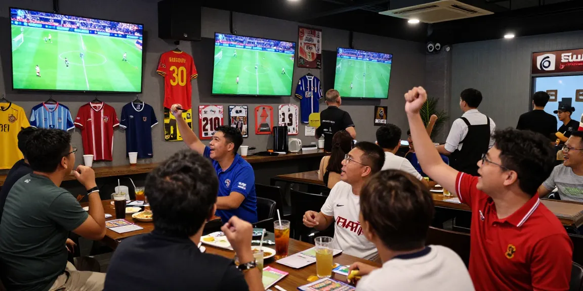 Exciting football betting Malaysia scene at a sports bar with fans cheering.