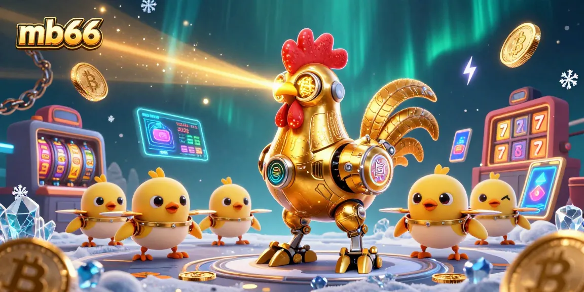 Engage with the dynamic mb66 casino gaming scene featuring a futuristic golden rooster robot and crypto elements.