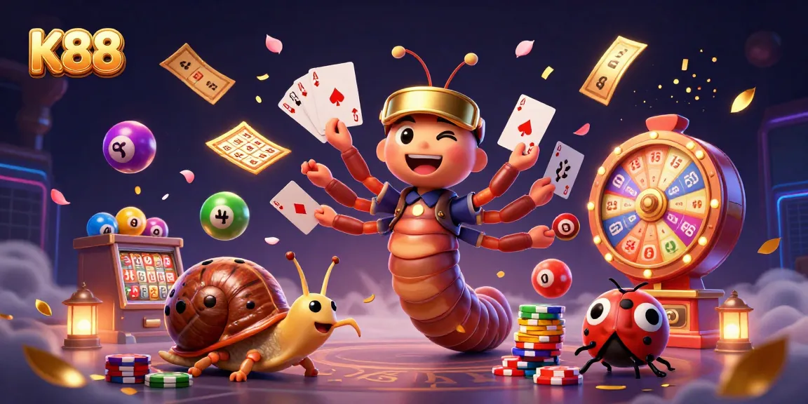 K88 casino scene featuring a cartoon millipede dealer and a snail high-roller amid vibrant gaming elements.