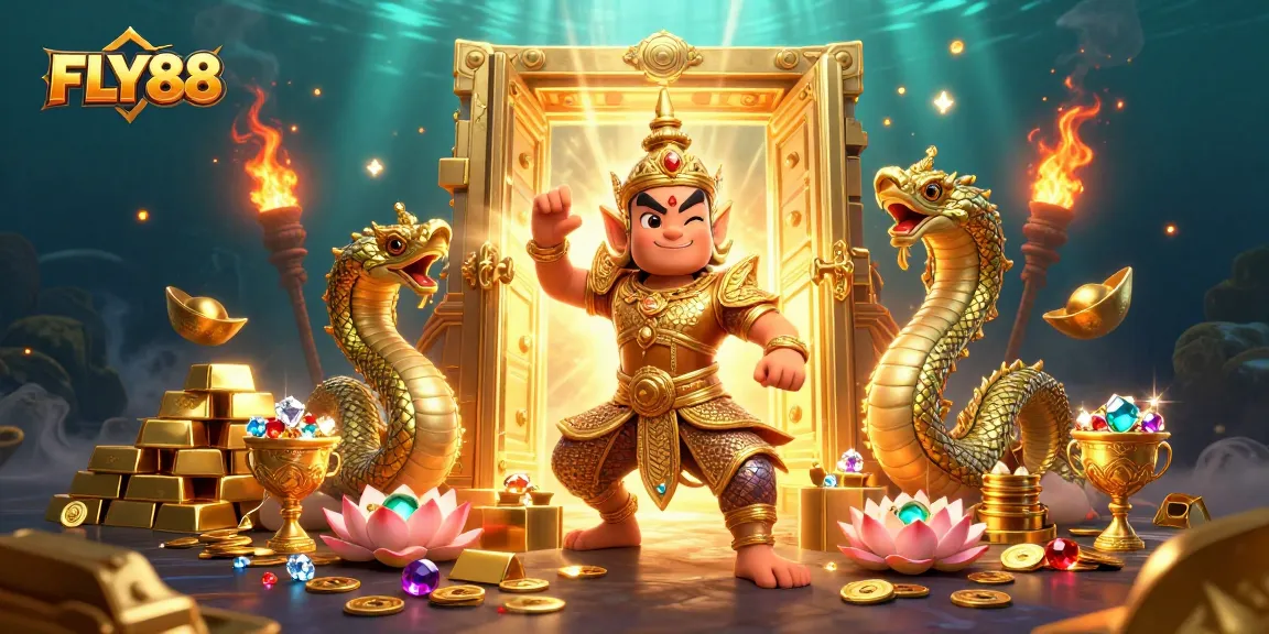 Experience thrilling gaming action with FLY88, featuring vibrant characters and golden treasures.