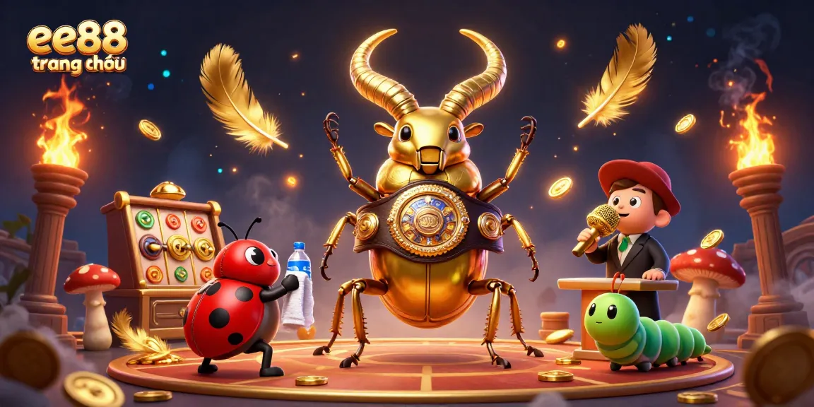 Engage with the dynamic action of ee88 trang chủ featuring a golden stag beetle boxing champion promoting the casino's vibrant atmosphere.