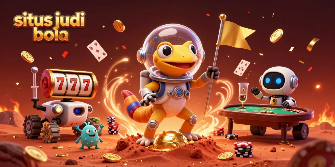 Situs judi bola action scene with cartoon gecko and robot at a buried casino on Mars.