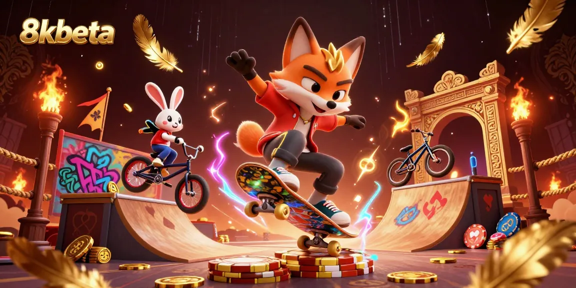 8kbeta celebrates casino excitement with a kickflipping fox and BMX rabbit tricksters.
