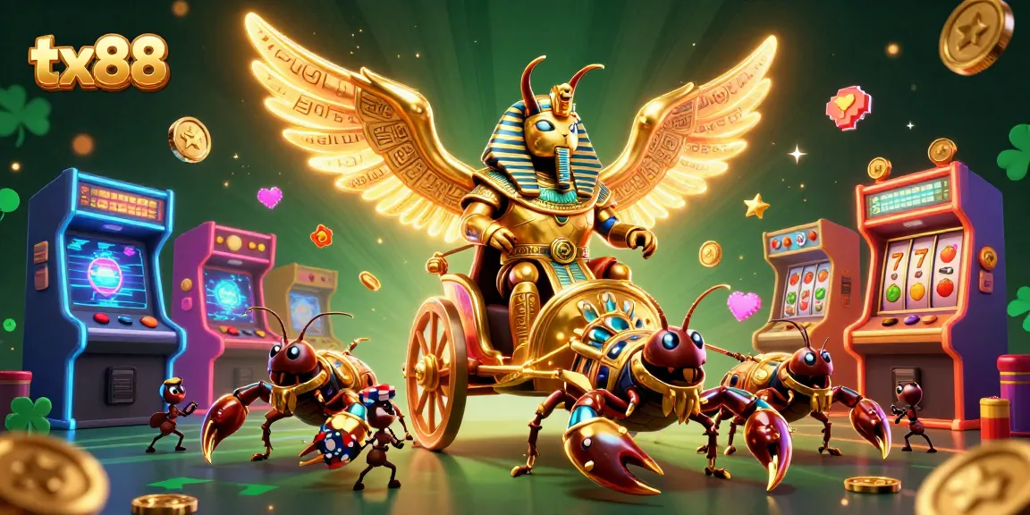 Engage with tx88's vibrant casino scene featuring a golden scarab in pharaoh armor amidst colorful games.