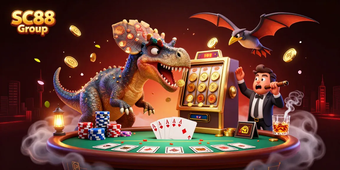 SC88 Group showcases a thrilling casino scene of vibrant dinosaurs and golden wins in an action-packed illustration.