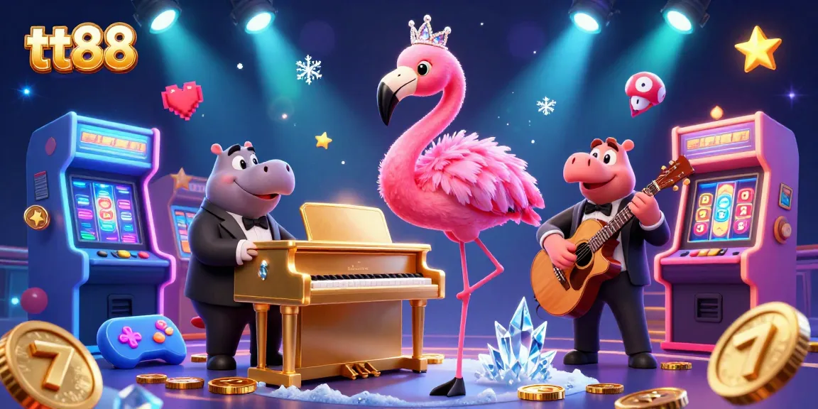 Engage with tt88's vibrant slots and lively atmosphere featuring a flamingo lounge singer and hippo bassist.