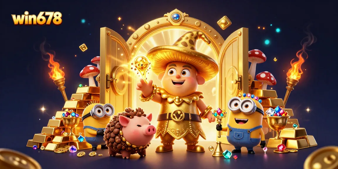 Experience the golden magic at win678 as a wizard conjures treasures in an enchanting casino scene.