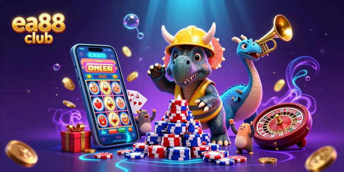 Cheerful characters in a vibrant casino scene celebrating the ea88 club with games and poker elements.
