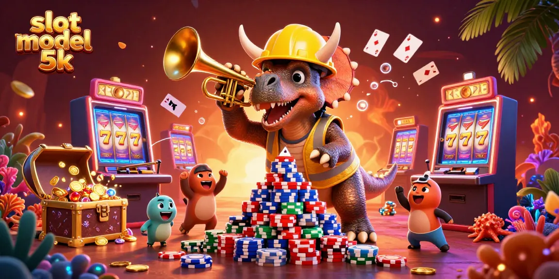 Engage in dynamic slot modal 5k action with cheerful characters celebrating casino wins amidst a vibrant scene.