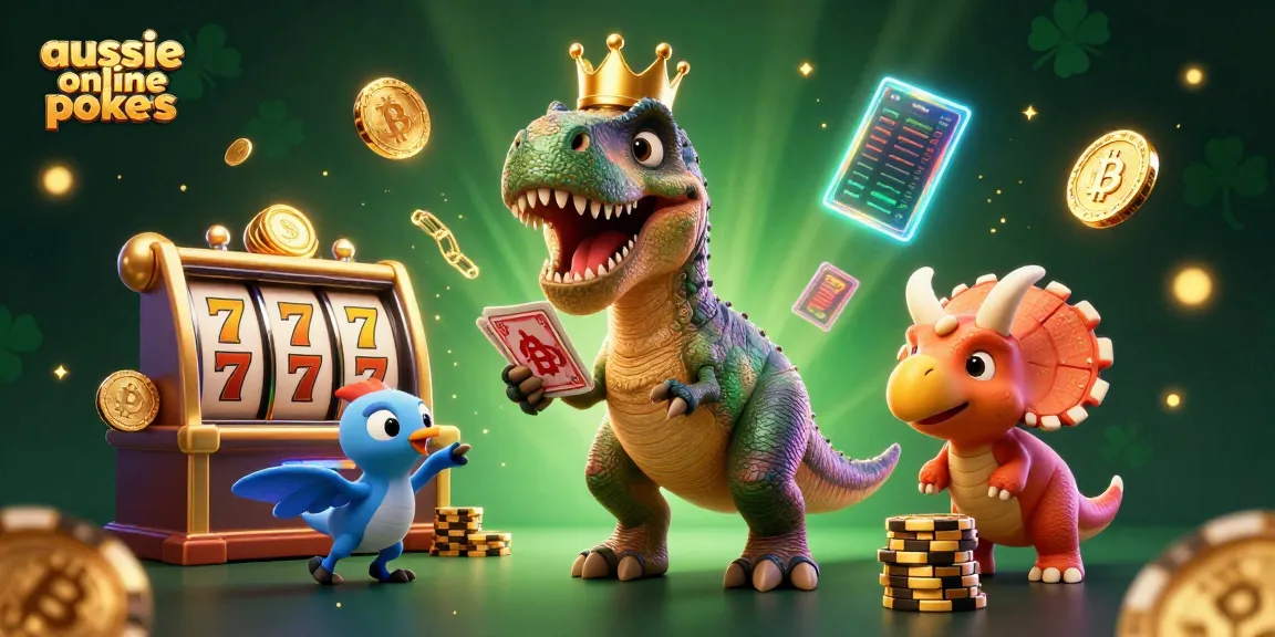 Aussie online pokies showcase with a whimsical T-Rex dealing cards alongside a helpful pterodactyl and chip-stacking triceratops.