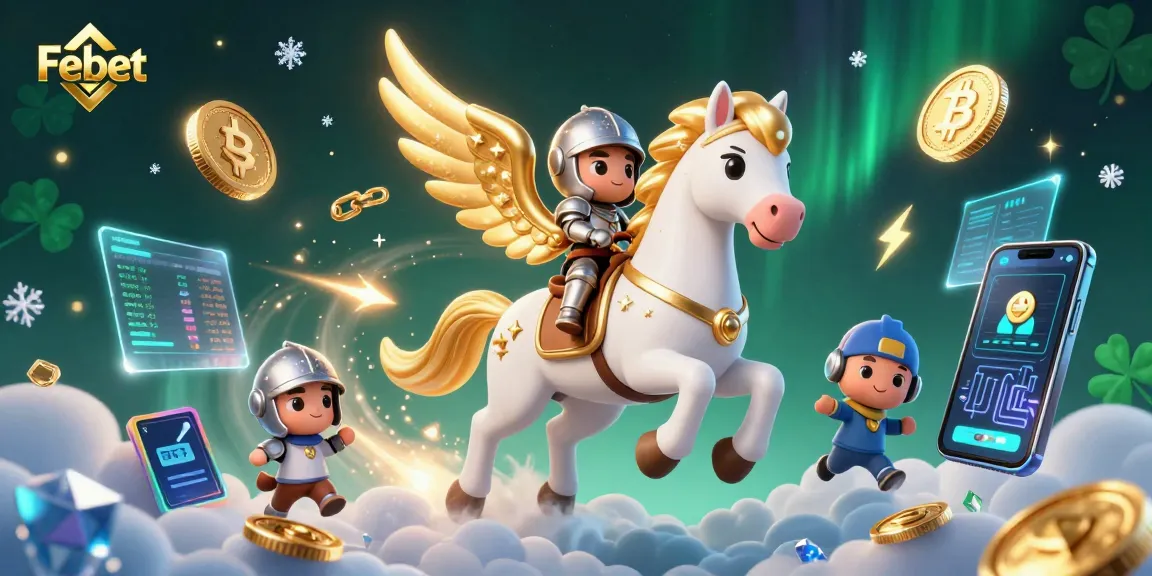 Experience Febet’s thrilling gaming atmosphere with a whimsical 3D knight on a celestial horse surrounded by vibrant crypto elements.