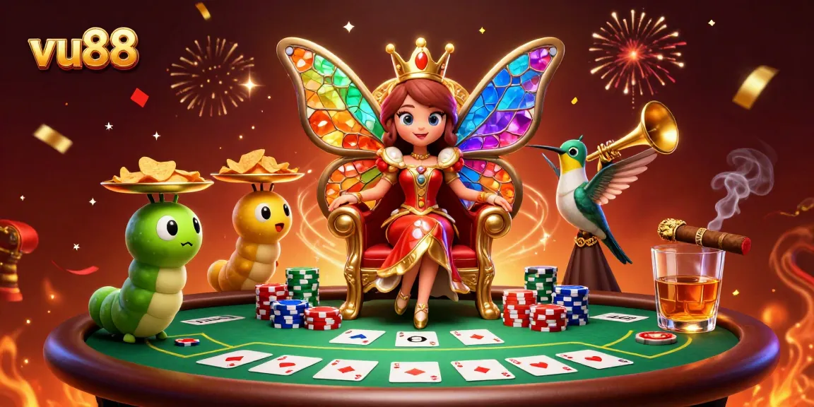 Experience thrilling gaming with vu88's vibrant casino scene filled with poker excitement and colorful characters.