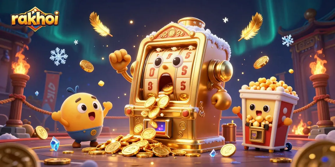 Engage with rakhoi casino excitement as a golden slot machine hits a jackpot surrounded by cheering baby slots.