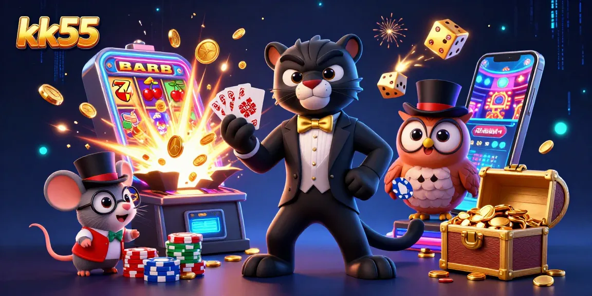 Stream exciting gameplay with kk55's vibrant casino characters dealing cards and chips.