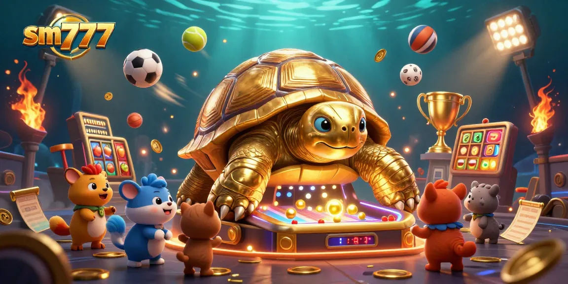 Experience thrilling gameplay at sm777 with a colossal golden tortoise pinball machine amidst festive casino elements.