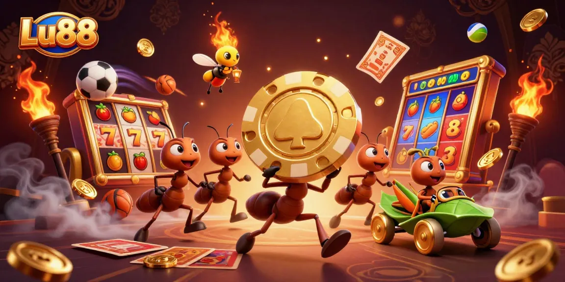 Lu88 showcases a thrilling heist with team of ants carrying a golden poker chip in this vibrant scene.