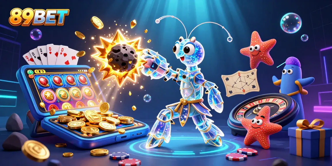Experience thrilling gameplay at 89BET with animated characters amidst vibrant casino elements.