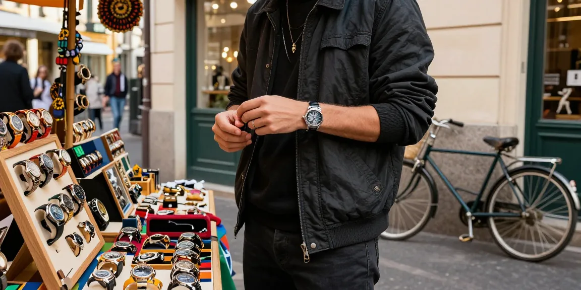 Showcasing high-quality replica watches in vibrant street market setting, emphasizing craftsmanship and style.