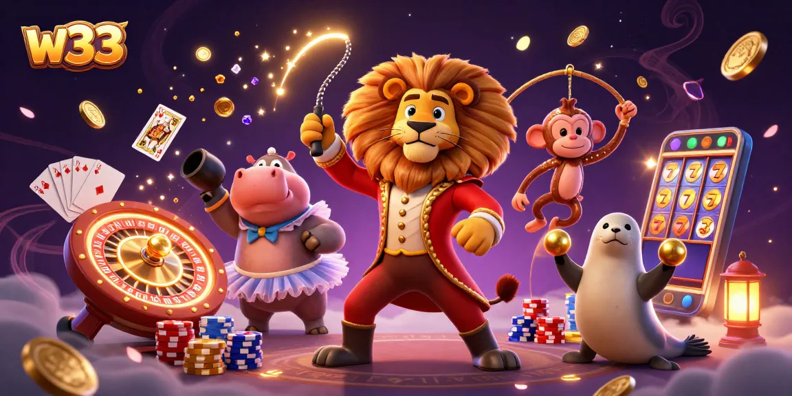 Experience w33's vibrant gaming world with lively characters and casino excitement in this dynamic scene.