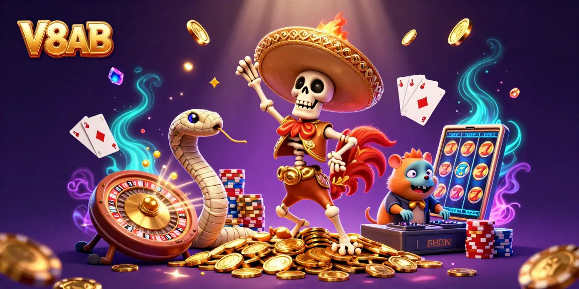 Experience the thrill of V8AB with a vibrant 3D casino celebration featuring unique characters.