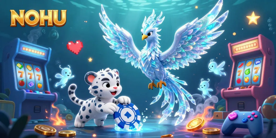 Experience NOHU with an ice phoenix and leopards amid vibrant casino elements.