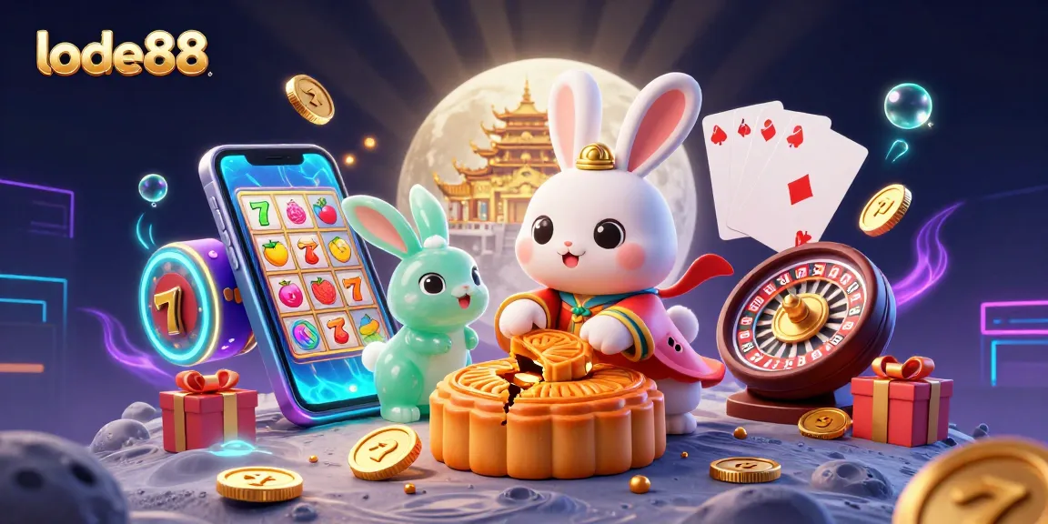 Lode88 casino theme, featuring a moon rabbit and slot game elements in vibrant 3D illustration.