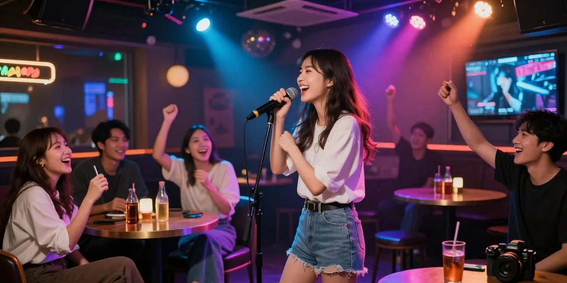 노래방밤알바에서 노래하는 여성과 즐기는 친구들, 화려한 네온 조명과 아늑한 분위기