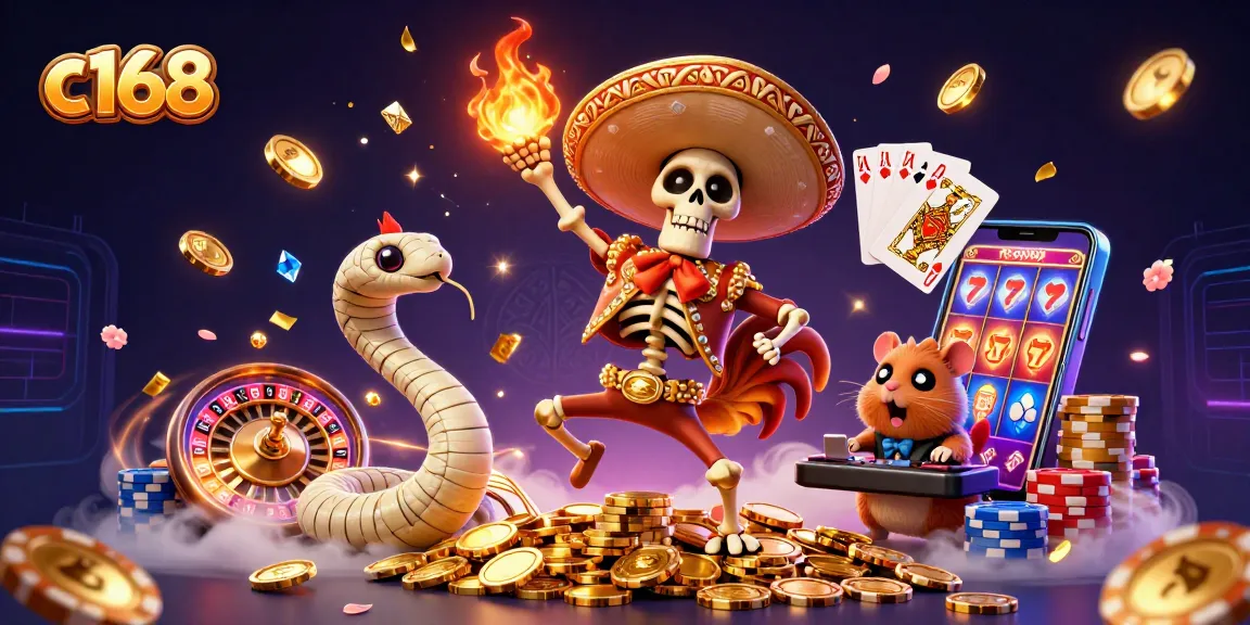 C168 gaming excitement with a mariachi rooster on coins, spinning roulette, and lively poker elements surrounding the scene.