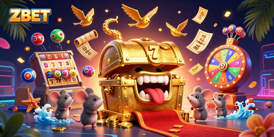 ZBET engaging players with a dynamic 3D casino treasure scene filled with colorful slot games elements and lottery excitement.